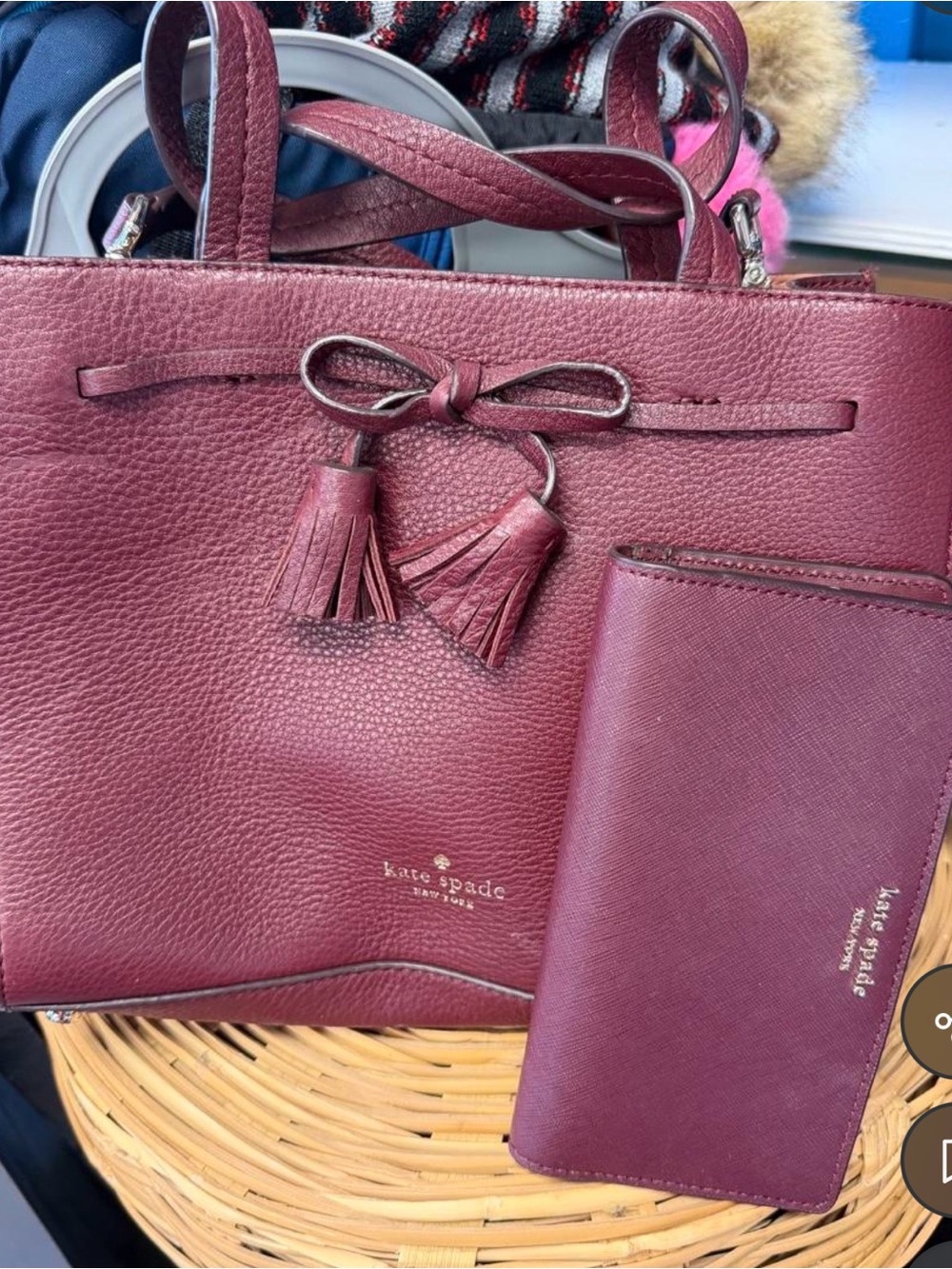 kate spade Pebbled Leather Tote with Tassel in Wine